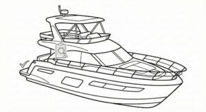 Sauberes Vektor-Icon einer modernen Motoryacht mit Flybridge, kombiniert mit einem Symbol für technische Abnahme und Begutachtung.