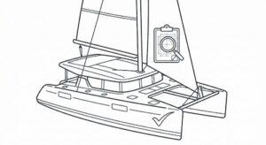 Minimalistisches Line-Art Icon eines modernen Segelkatamarans unter vollen Segeln, überlagert mit einem Prüfsymbol für technische Inspektionen.