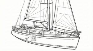 Grafisches Icon einer klassischen Segelyacht (Monohull) mit Segeln und einem Symbol für marine Sachverständige.