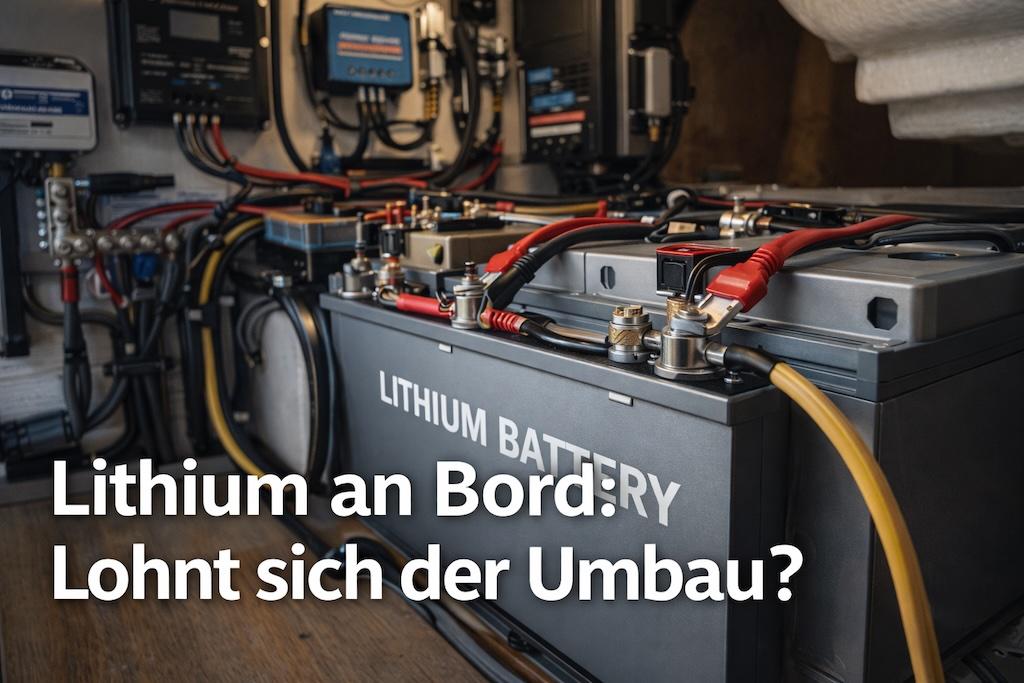 Blick in den Technikraum einer Yacht: Professionelle Installation einer LiFePO4 Lithium-Batteriebank mit Hochstrom-Verkabelung und BMS.