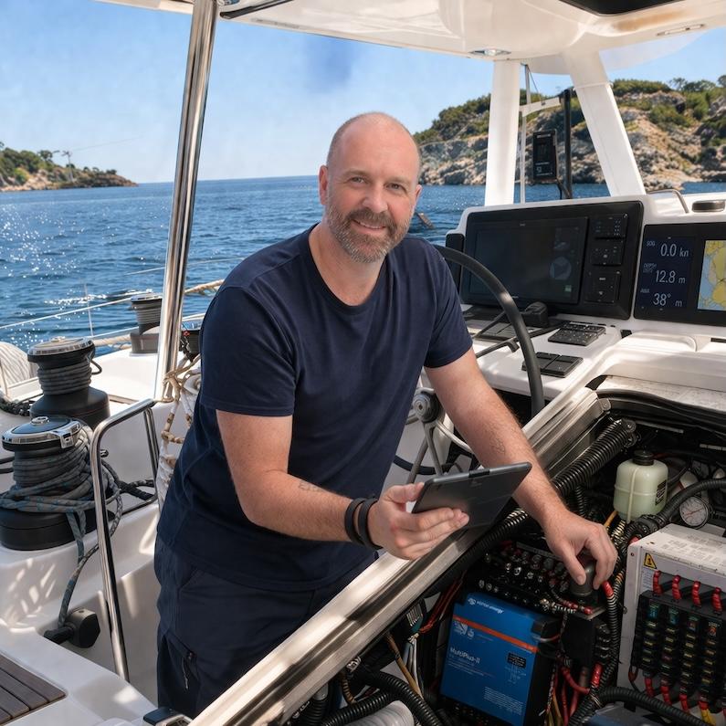 Yachtgutachter Reiner Biermeier bei technischer Prüfung auf einem Katamaran